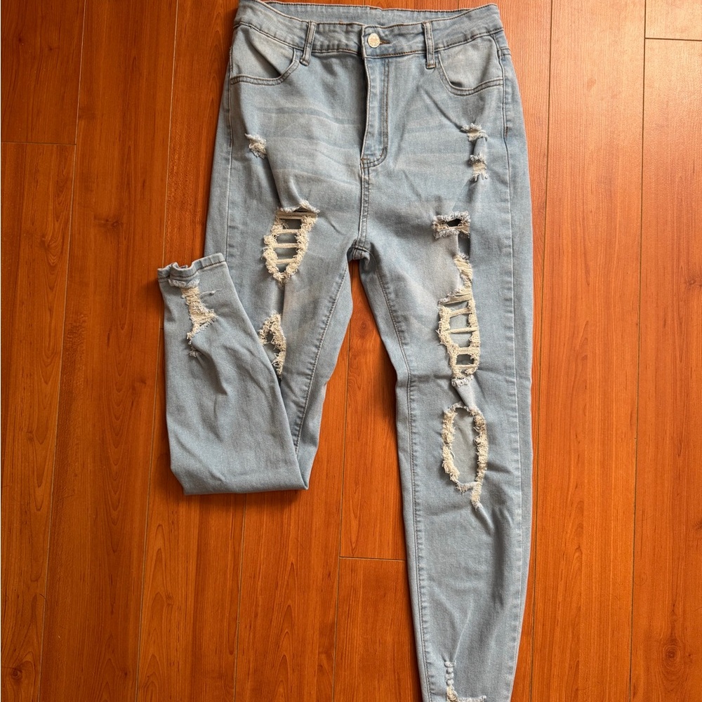 SHEIN Light Blue Distressed Skinny Jeans